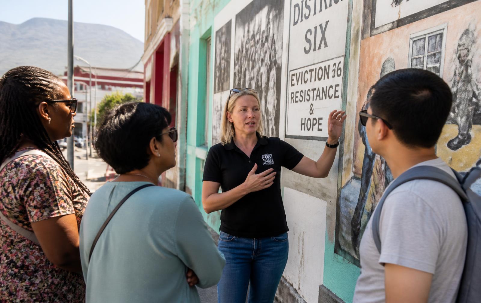 A cultural guide interpreting Cape Town's District Six and Bo-Kaap heritage for a diverse group of visitors