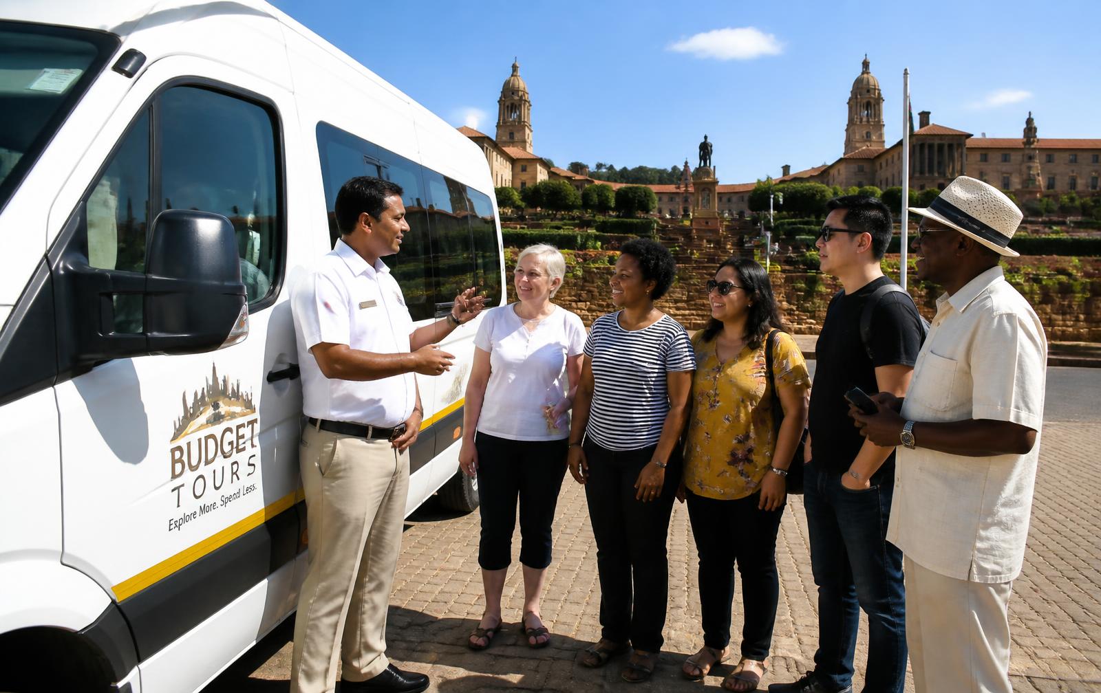 A professional South African tourism driver-guide welcoming passengers at the Union Buildings in Pretoria