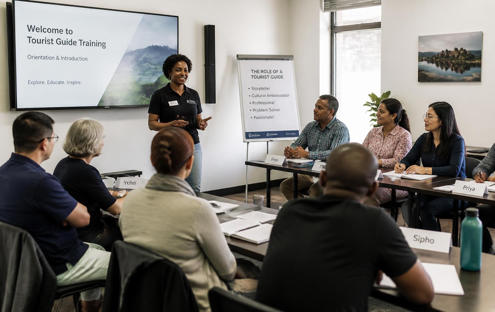 A diverse group of South African guide learners with a facilitator in a training session